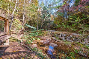 Overlooking a serene stream, this deck offers a tranquil retreat surrounded by trees with vibrant foliage.