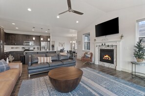 Smart TV, fireplace, foosball