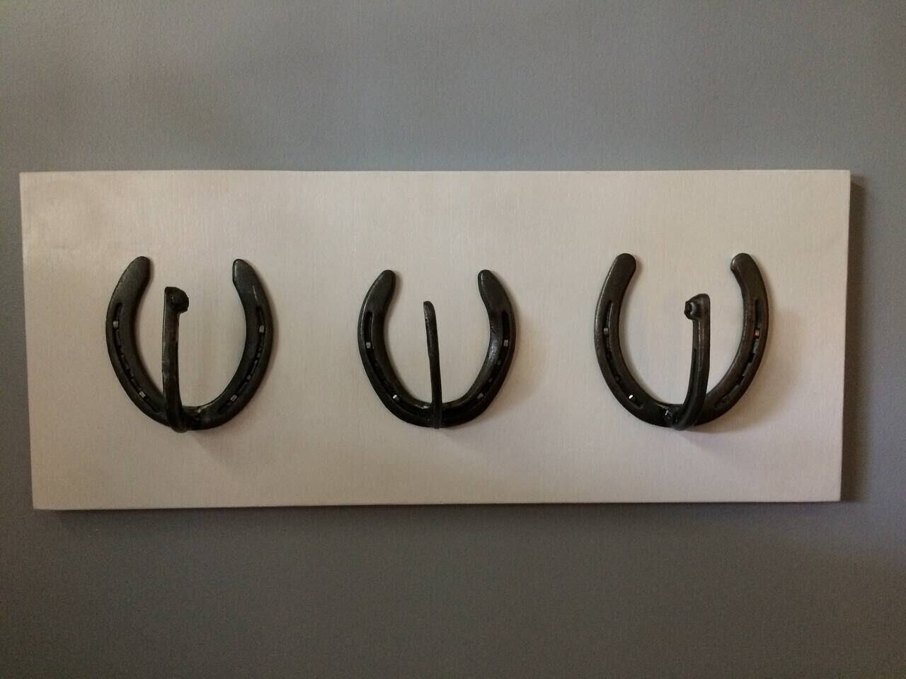 Three black horseshoes mounted on a white rectangular panel.