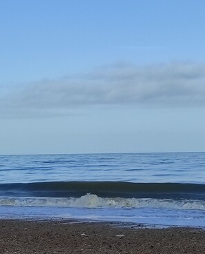 A beach with waves and a clear sky. - Charming Apartment (Courseulles-sur-Mer)
