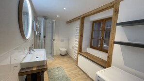 Combined shower/tub, hair dryer, towels, soap