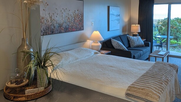 A modern bedroom with a large bed, a bedside table with a lamp, a decorative plant, and a view of the outdoors through a window. - Beachfront Walk-out in the Heart (Qualicum Beach)