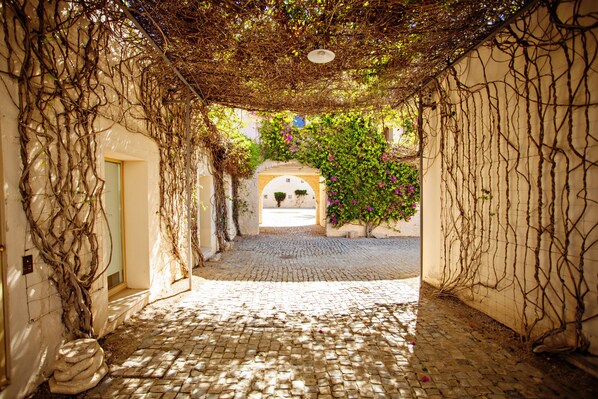 A cobblestone courtyard with a covered walkway, arches, and climbing plants. - Historic & Emblematic - Convent of Bernardas (Tavira)