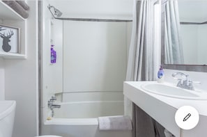 Ensemble douche/baignoire, serviettes fournies, savon, shampoing