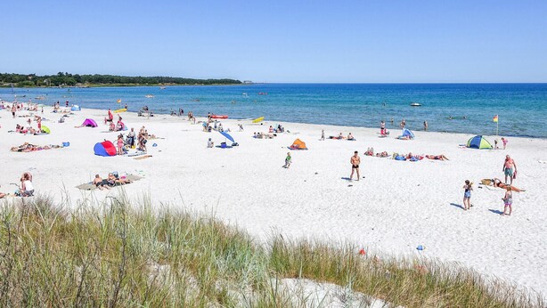 Une plage avec des tentes, des parasols et des gens qui se détendent.