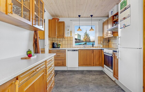 Fridge, stovetop, dishwasher, coffee/tea maker