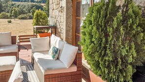 A patio area with wicker furniture, a stone wall, and a large potted evergreen tree. - Pet friendly home in Navarredonda de Gredos (Navarredonda de Gredos)
