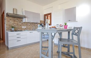 Fridge, stovetop, dishwasher, coffee/tea maker