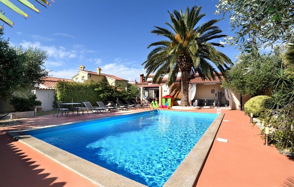 A swimming pool with lounge chairs and a palm tree. - Gorgeous home in Pula (Pula)