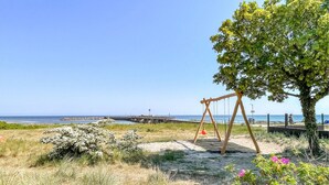 Une scène de plage avec une balançoire, un arbre et une vue dégagée sur l’océan.