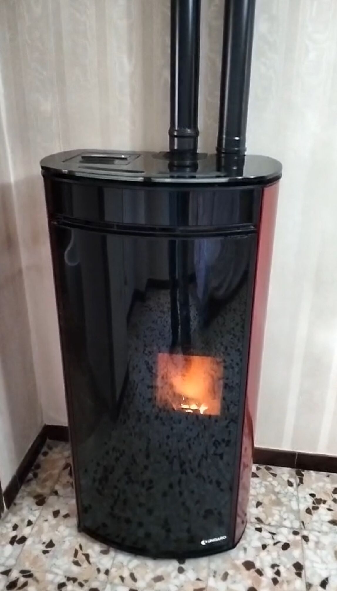 Ein schwarzer, mit Glas versehener Holzofen mit sichtbaren Flammen im Inneren, auf einem fleckigen Fliesenboden stehend.