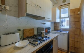 Kühlschrank, Mikrowelle, Herdplatte, Kochgeschirr/Geschirr/Besteck