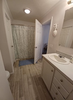 Combined shower/tub, towels, toilet paper
