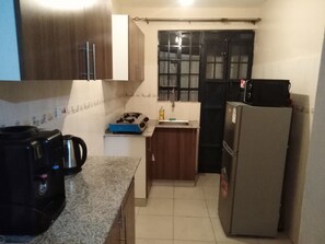 Kjøleskap, mikrobølgeovn, kokeplater og vannkoker