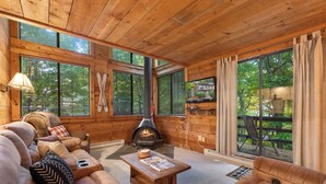 Un acogedor interior de cabaña con chimenea, paredes de madera, ventanas amplias y un sofá.
