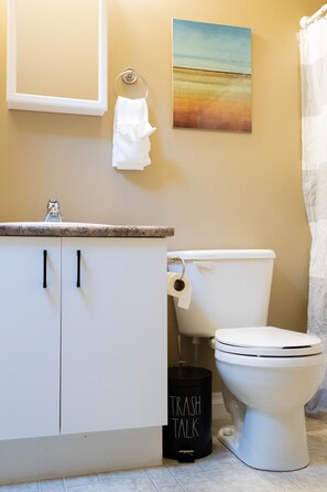 Combined shower/tub, hair dryer, towels, soap