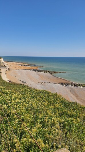 Una spiaggia costiera con un litorale roccioso, una passeggiata lastricata e fitta vegetazione in primo piano.