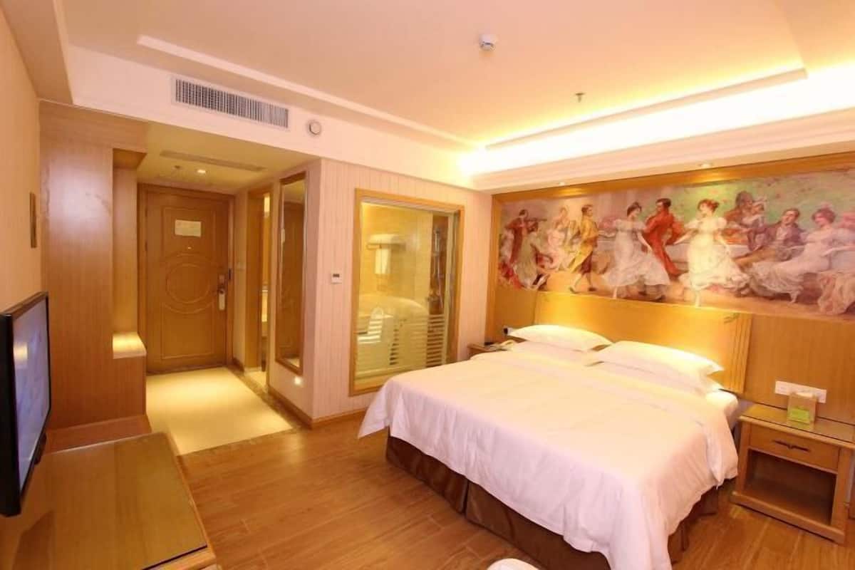 Une chambre d’hôtel avec un grand lit, une télévision, un plancher en bois et un tableau au mur.