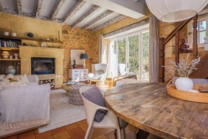 Télévision, cheminée, lecteur de DVD, table de tennis de table