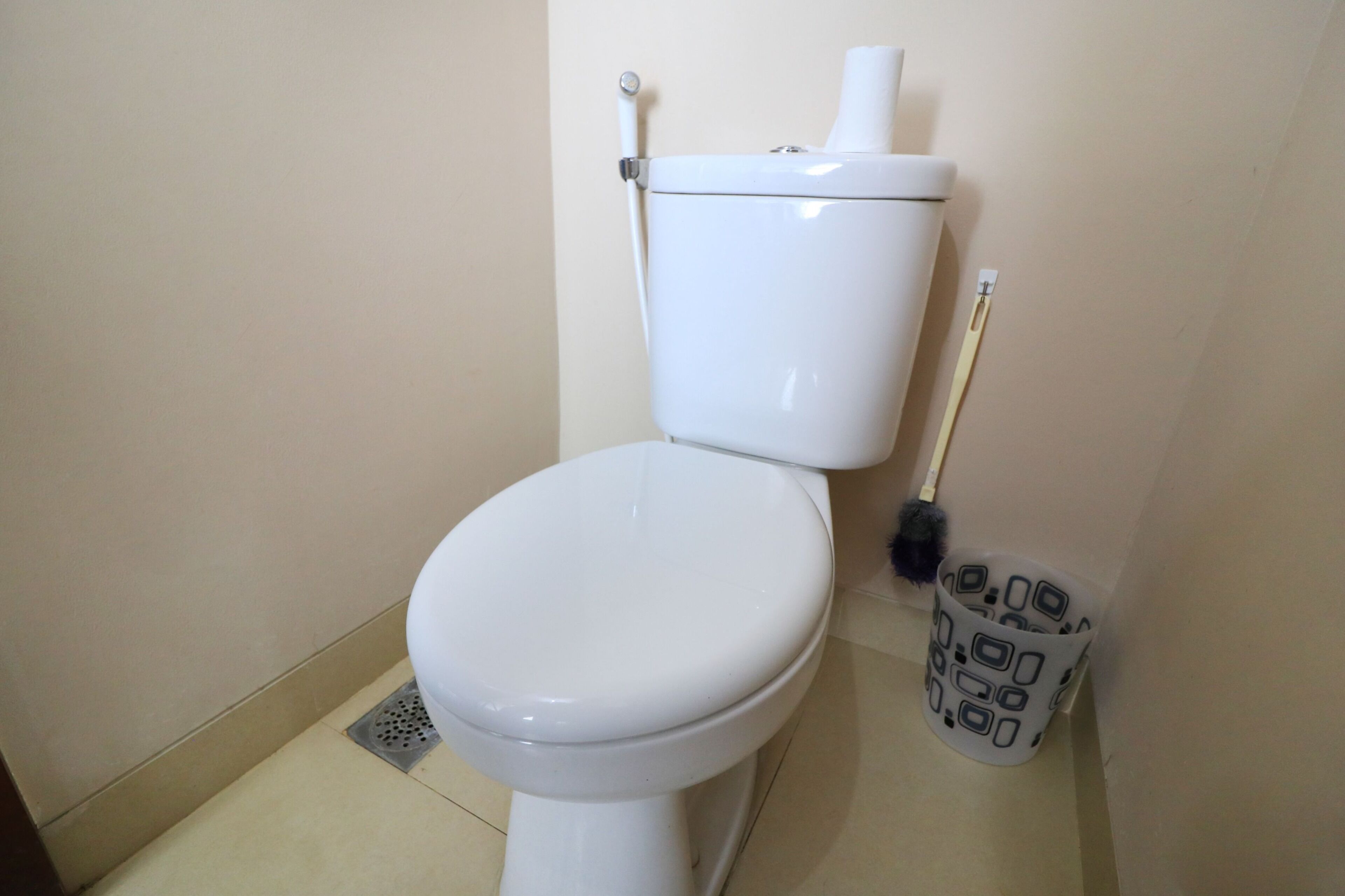 A white toilet with a bidet attachment, a toilet brush, and a patterned mug on the floor.