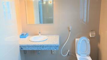 Een badkamer met een wastafel met granieten blad, een spiegel, een toilet en een douchekop.