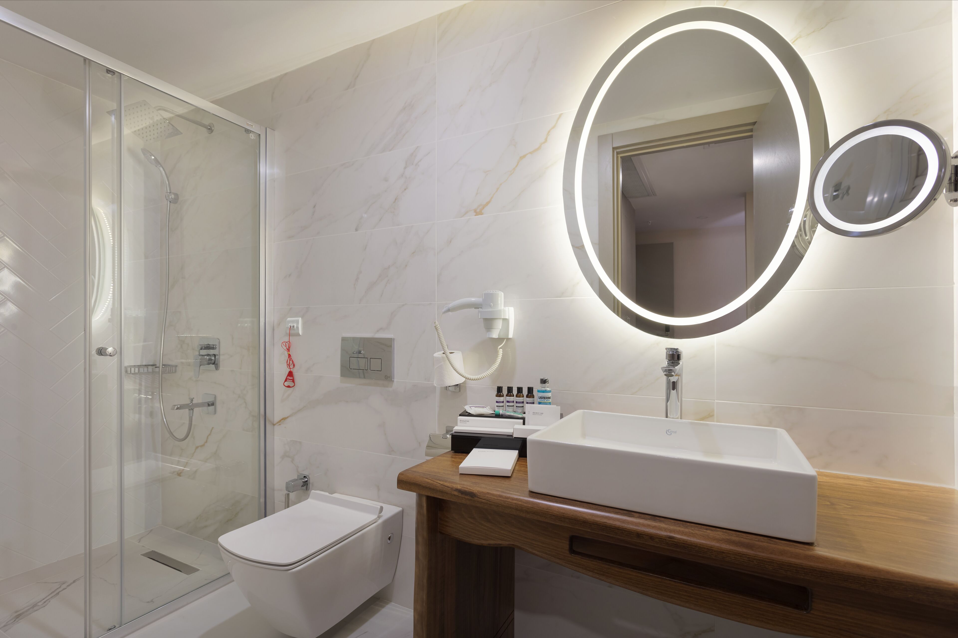 shower, rainfall showerhead, designer toiletries, hair dryer