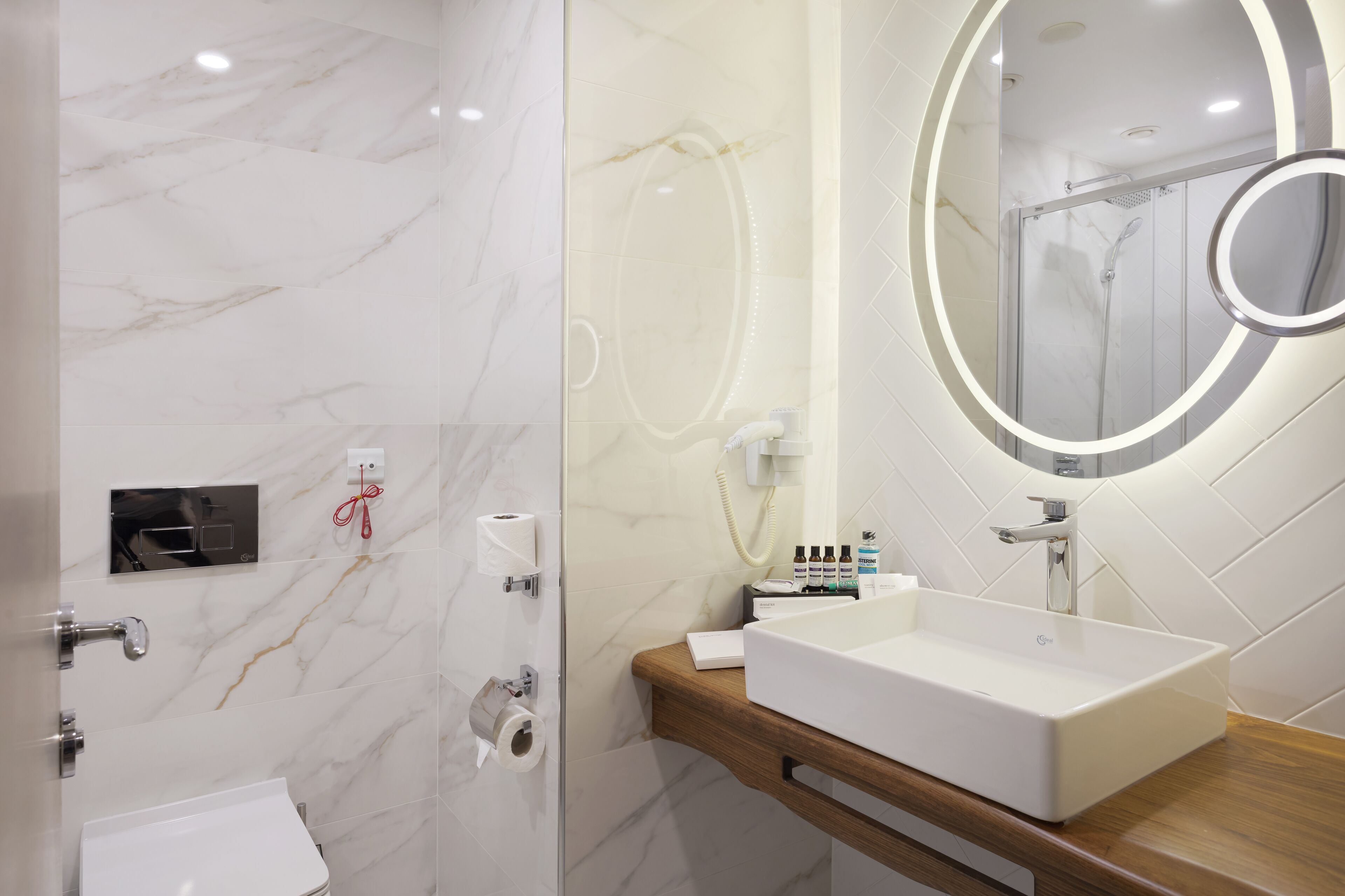 shower, rainfall showerhead, designer toiletries, hair dryer