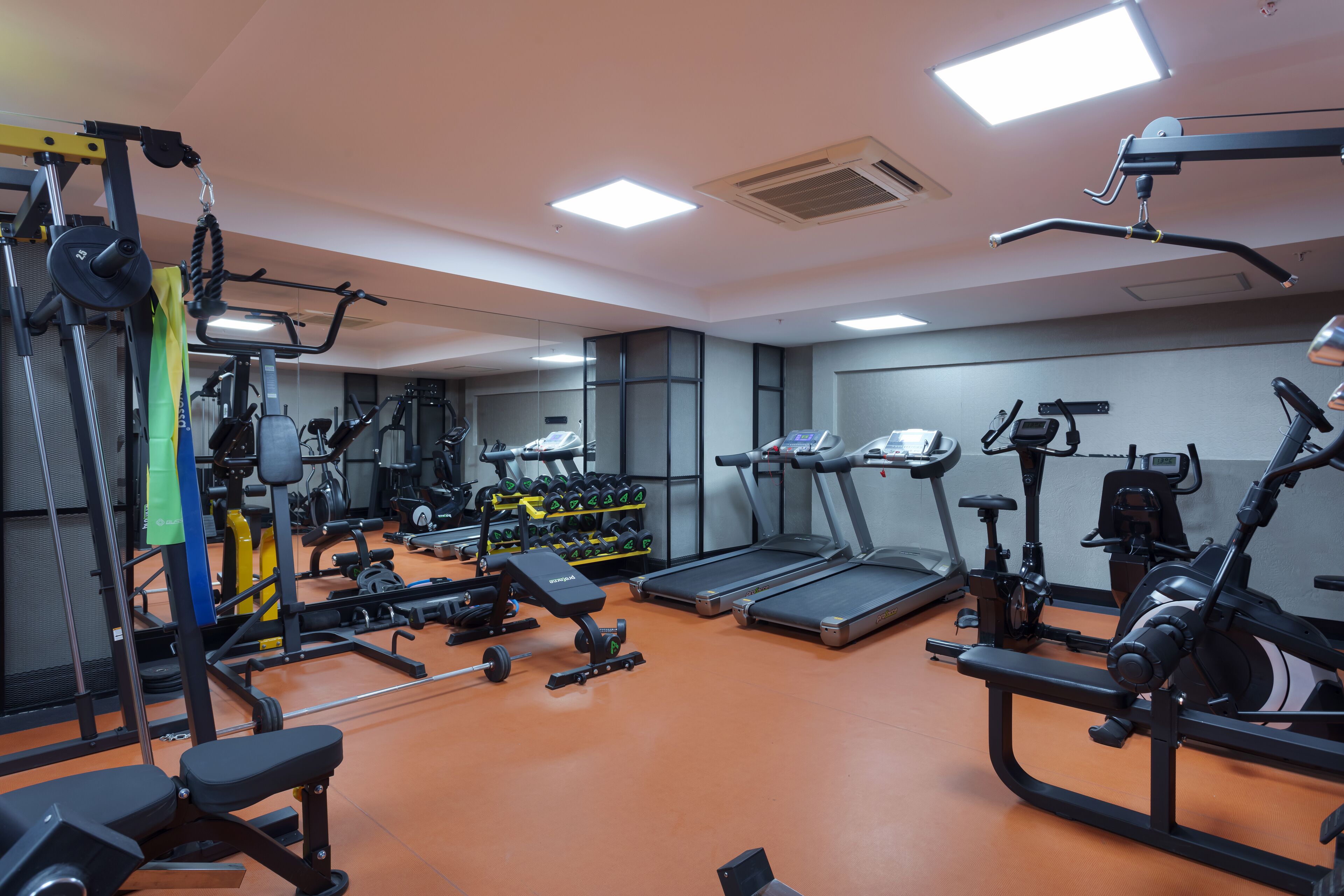 Una palestra con diverse attrezzature per l'allenamento, tra cui tapis roulant, macchinari per pesi e pesi liberi.