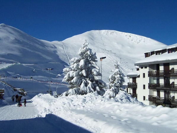 A snow-covered mountain with a ski resort, including a building with balconies and a snow-covered tree.