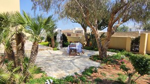 A courtyard with palm trees, a covered seating area, and a building in the background.