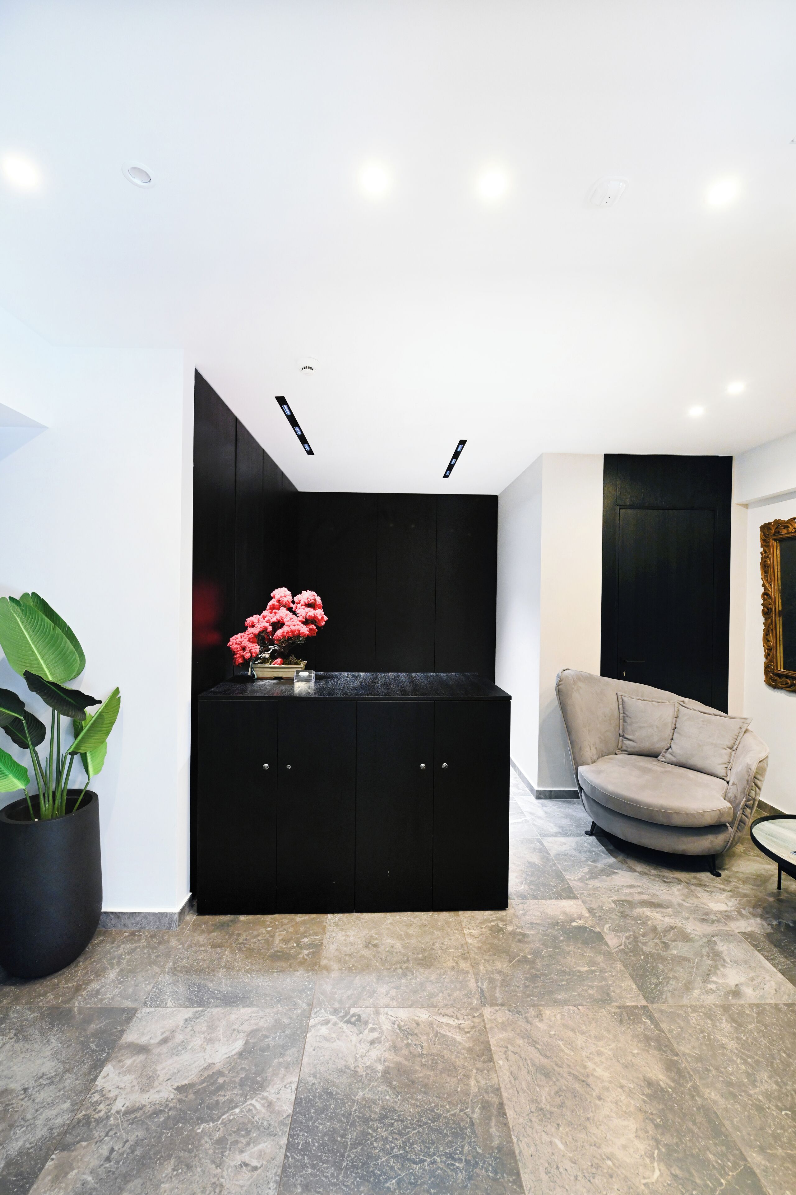 Un intérieur moderne avec un meuble noir, un fauteuil beige et une plante en pot.