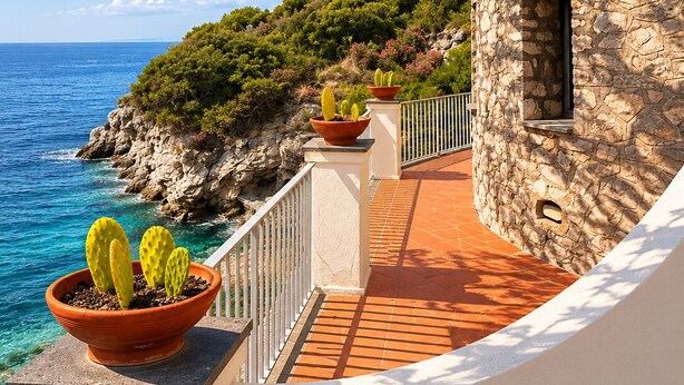 A coastal building with a stone exterior, a balcony with potted cacti, and a view of the sea. - La Torre del Vervece (Massa Lubrense)