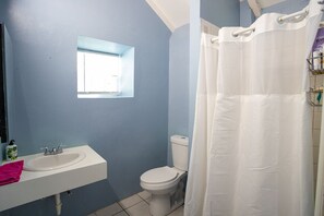 Douche, séchoir à cheveux, serviettes fournies, savon