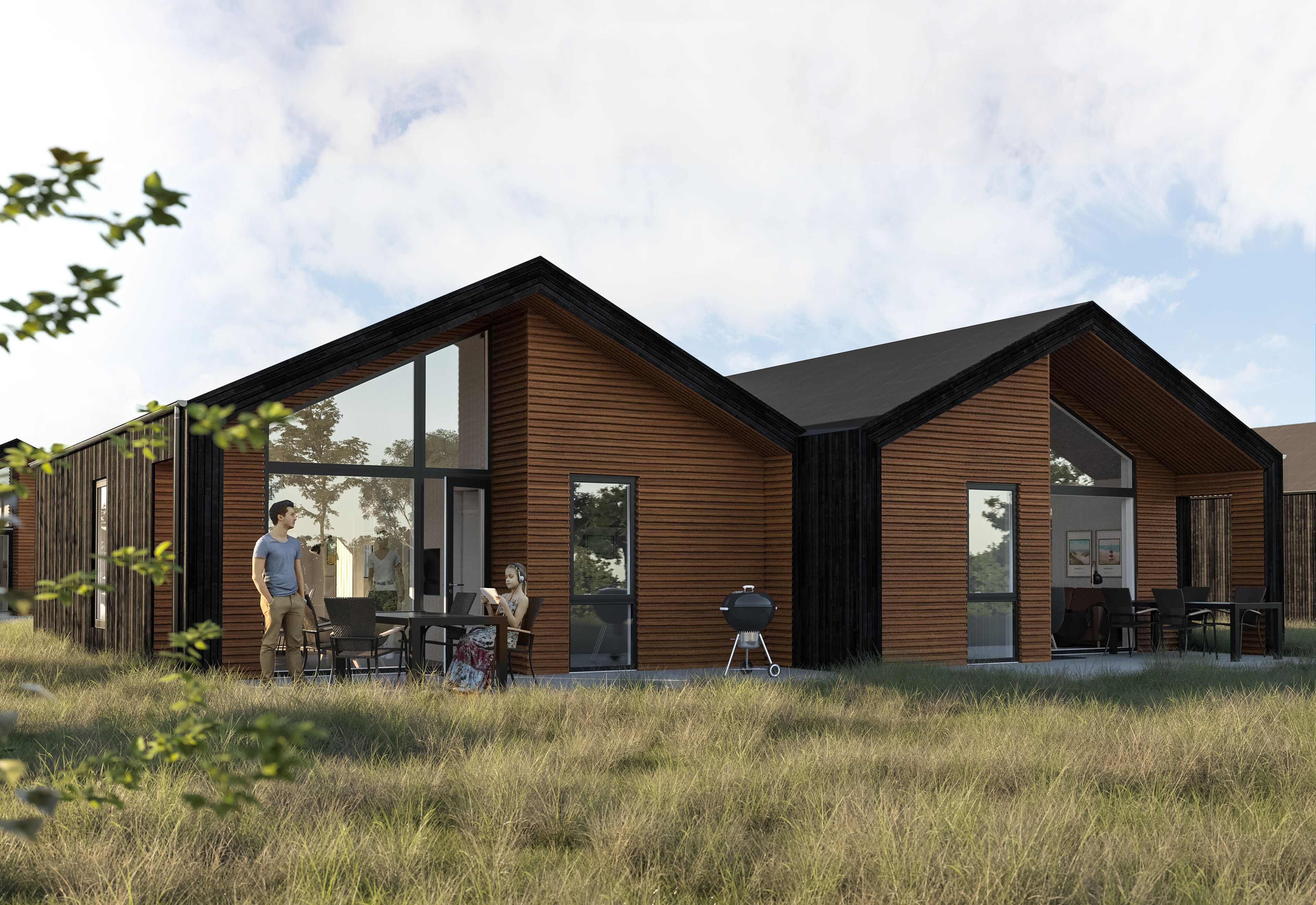 Ett modernt hus med stora fönster, en uteplats med utemöbler och en grill.