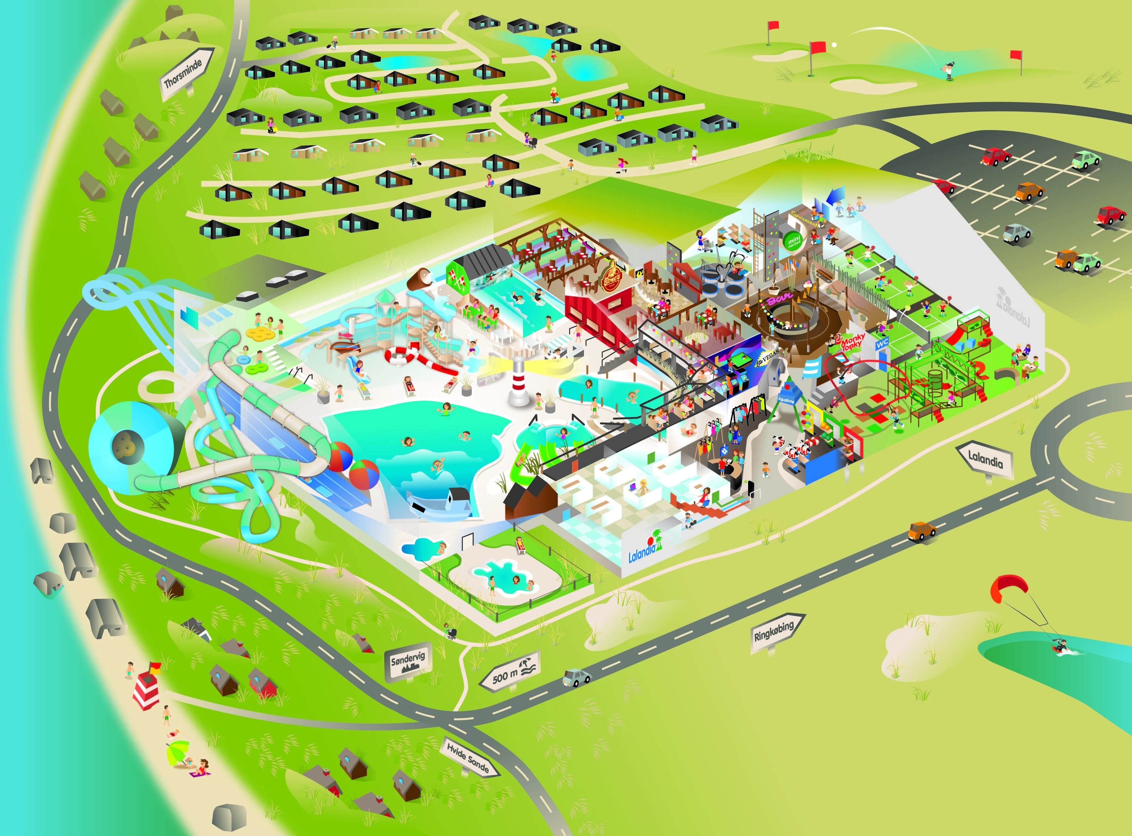 A vibrant theme park with various attractions, including a water park, roller coaster, and a large indoor play area.