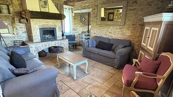 TV connectée, cheminée, table de tennis de table, livres