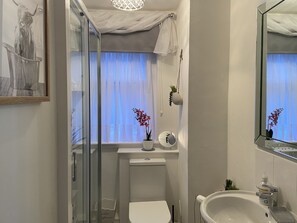 Un baño con mampara de vidrio, inodoro, lavamanos y espejo. Hay plantas en macetas en el alféizar de la ventana y un cuadro en la pared.