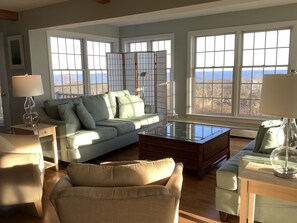 Ein großzügiger Wohnraum mit einem grünen Sofa, einem beigen Sessel und einem Glastisch. Große Fenster bieten einen Blick ins Freie.