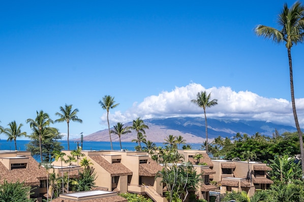 A resort with multiple buildings, palm trees, and a mountain in the background.