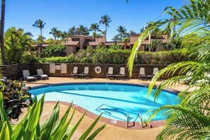 Une piscine avec des chaises longues et des palmiers.