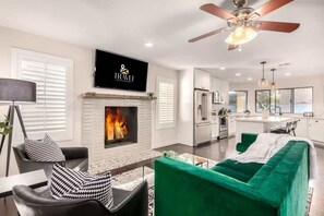 TV, fireplace, offices