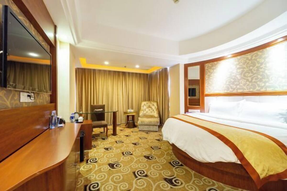 A hotel room with a bed, a desk, a chair, a television, and a patterned carpet.