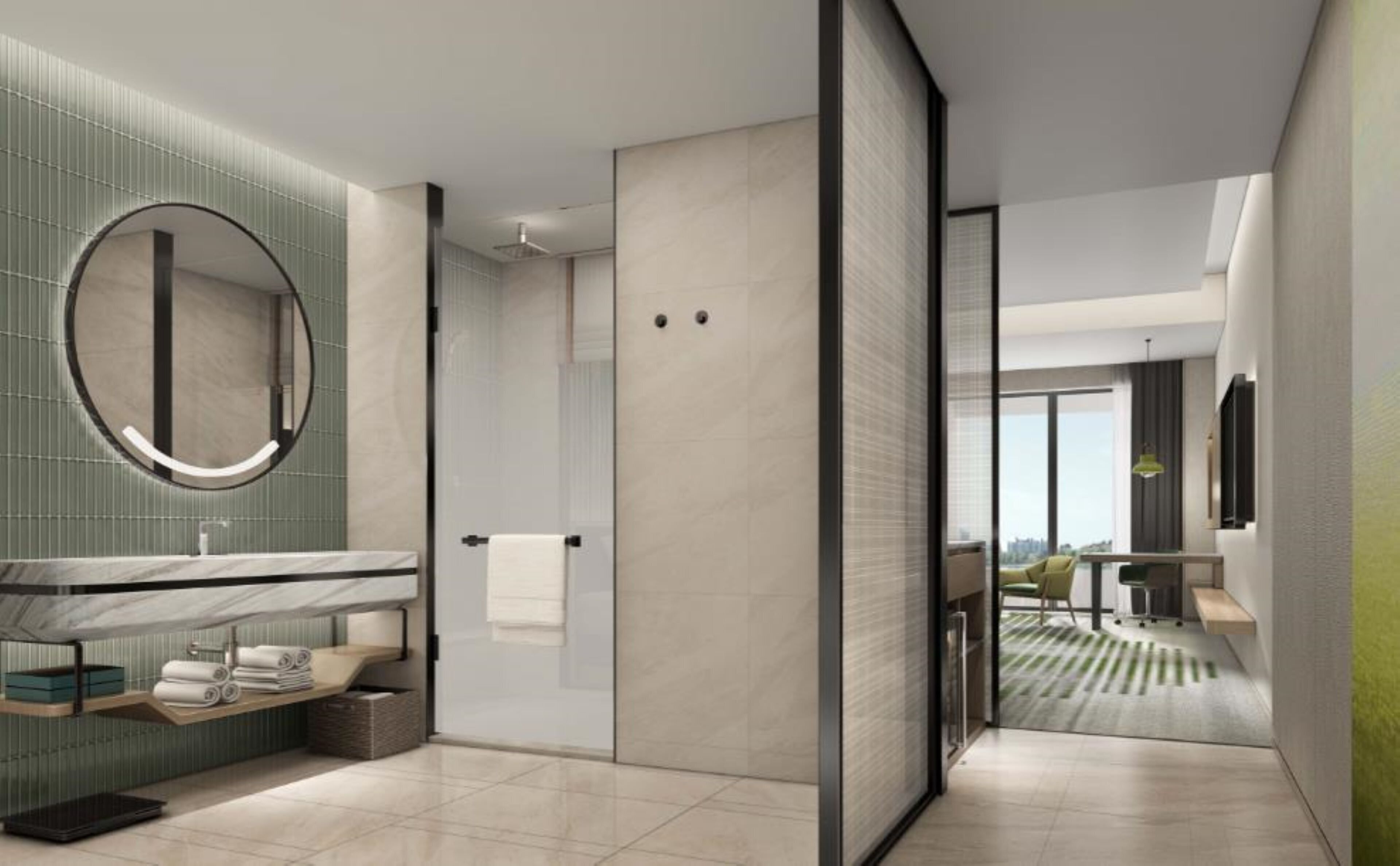 A modern bathroom with a large mirror, a shower, and a vanity with a towel rack.