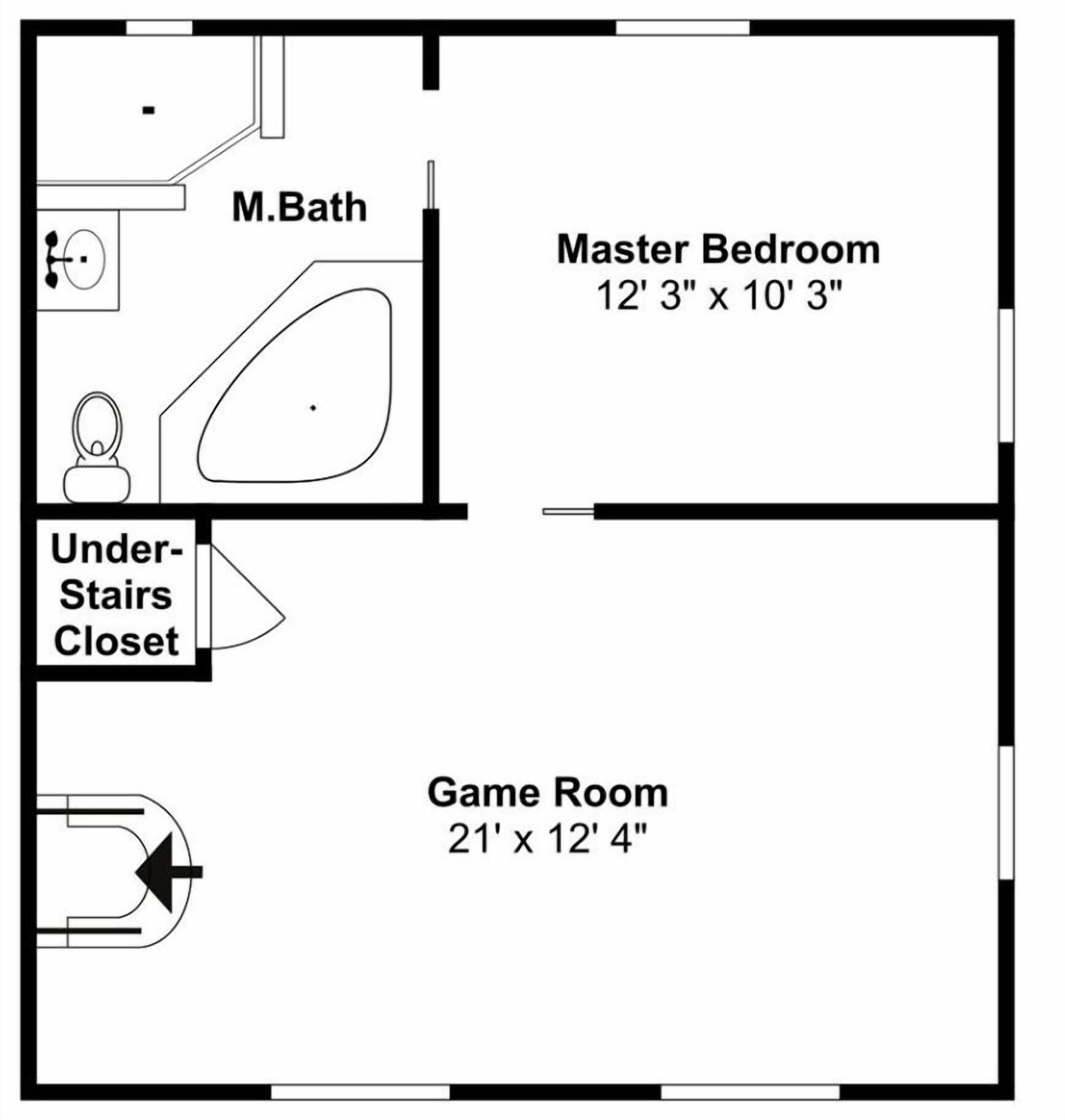 Un plan d’étage comprenant une chambre principale de 3,71 m x 3,12 m, une salle de jeux de 6,40 m x 3,76 m et un placard situé sous l’escalier.