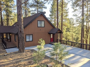 Une cabane en bois à deux étages, avec une porte rouge, entourée de grands pins.
