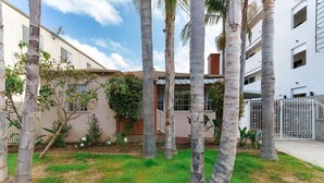 A courtyard with palm trees, a building with a satellite dish, and a gated entrance.