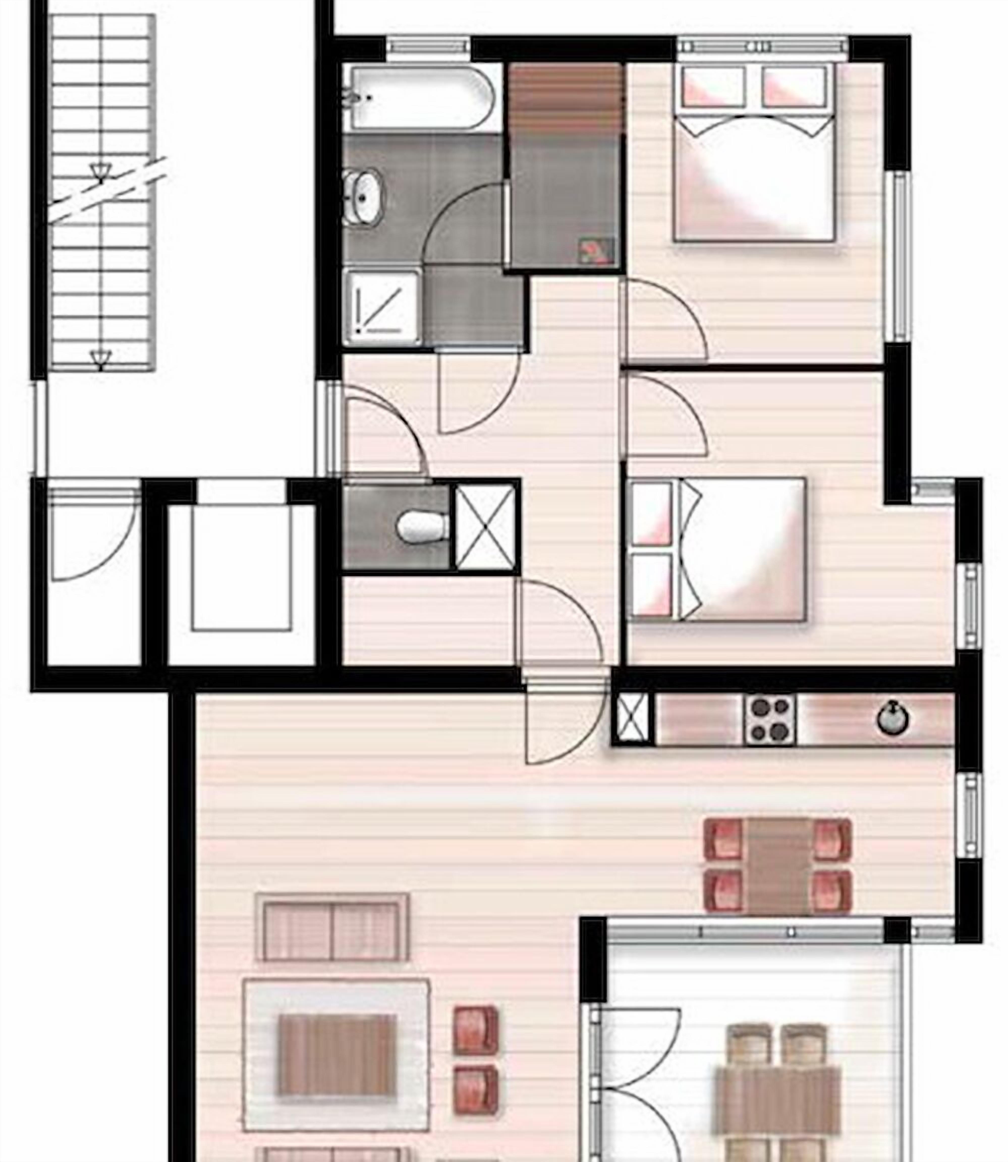 Un plan d’étage d’une chambre d’hôtel comprenant une salle de bain, un coin cuisine et un espace salon.