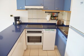A compact kitchen with a stove, oven, and dishwasher, blue cabinets, and a coffee maker. - House Maresía Las Moreras Duplex with Sea View 1 minute from the seafront promenade (Playa Blanca)