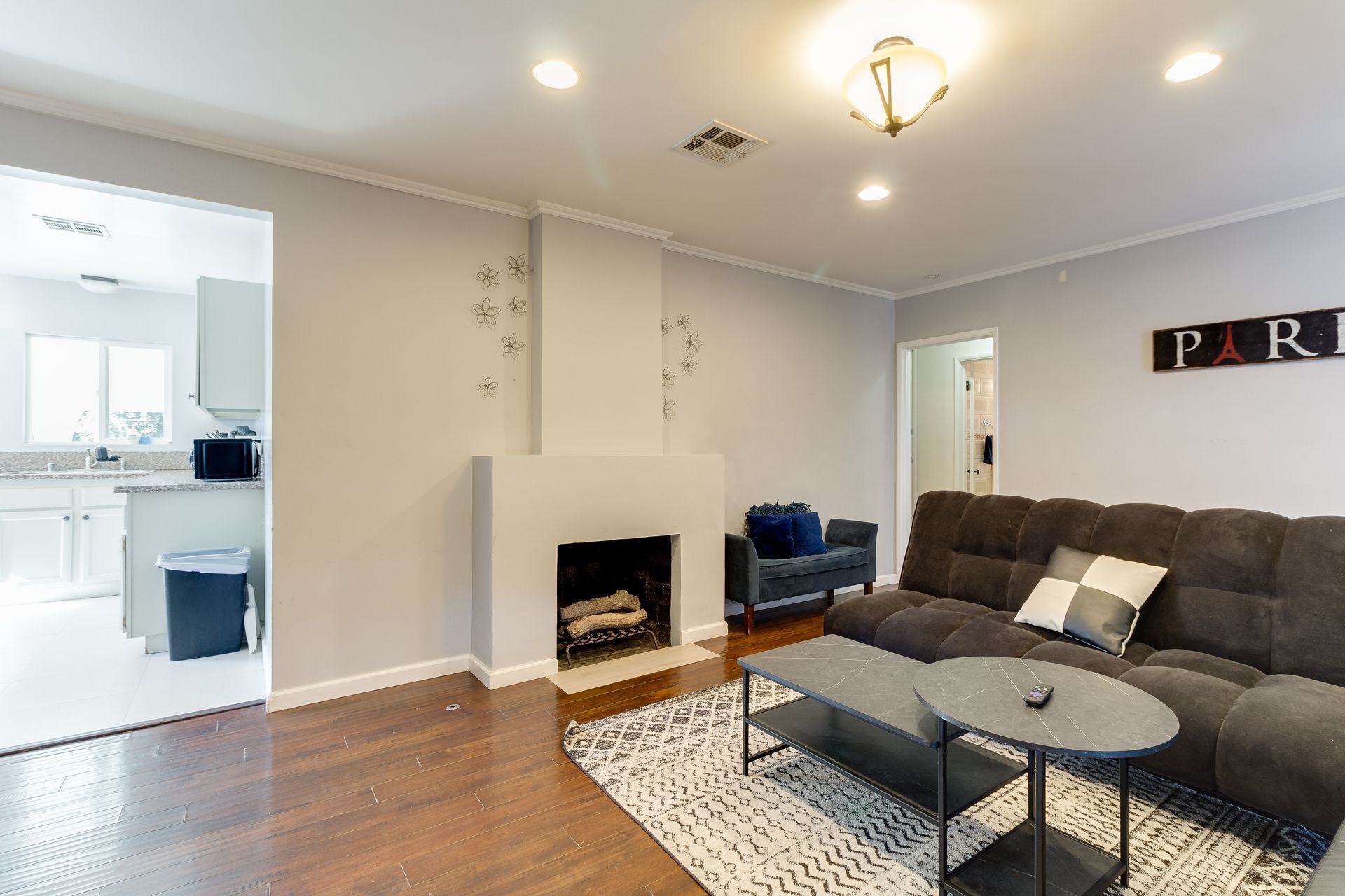 Un salon moderne avec une cheminée, un canapé, une table basse et un tapis.