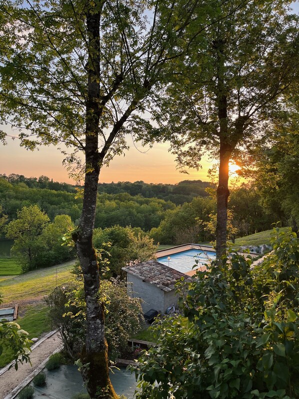 Piscina rodeada de exuberante follaje y árboles, con vista al atardecer.